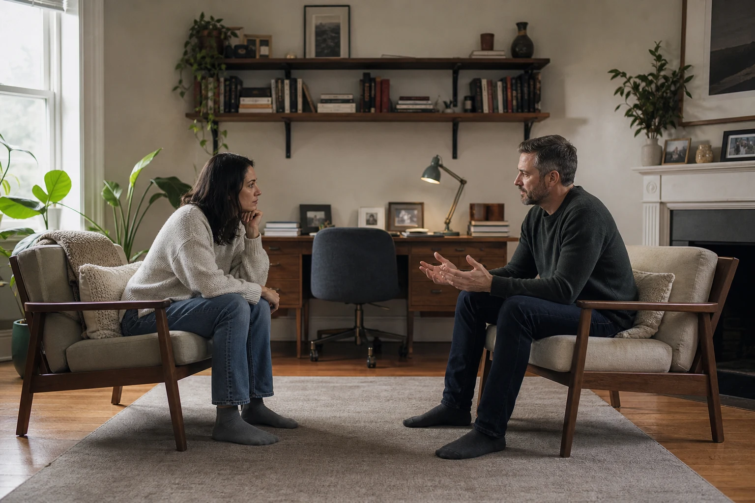A couple pauses for an honest conversation about the first days after affair discovery.