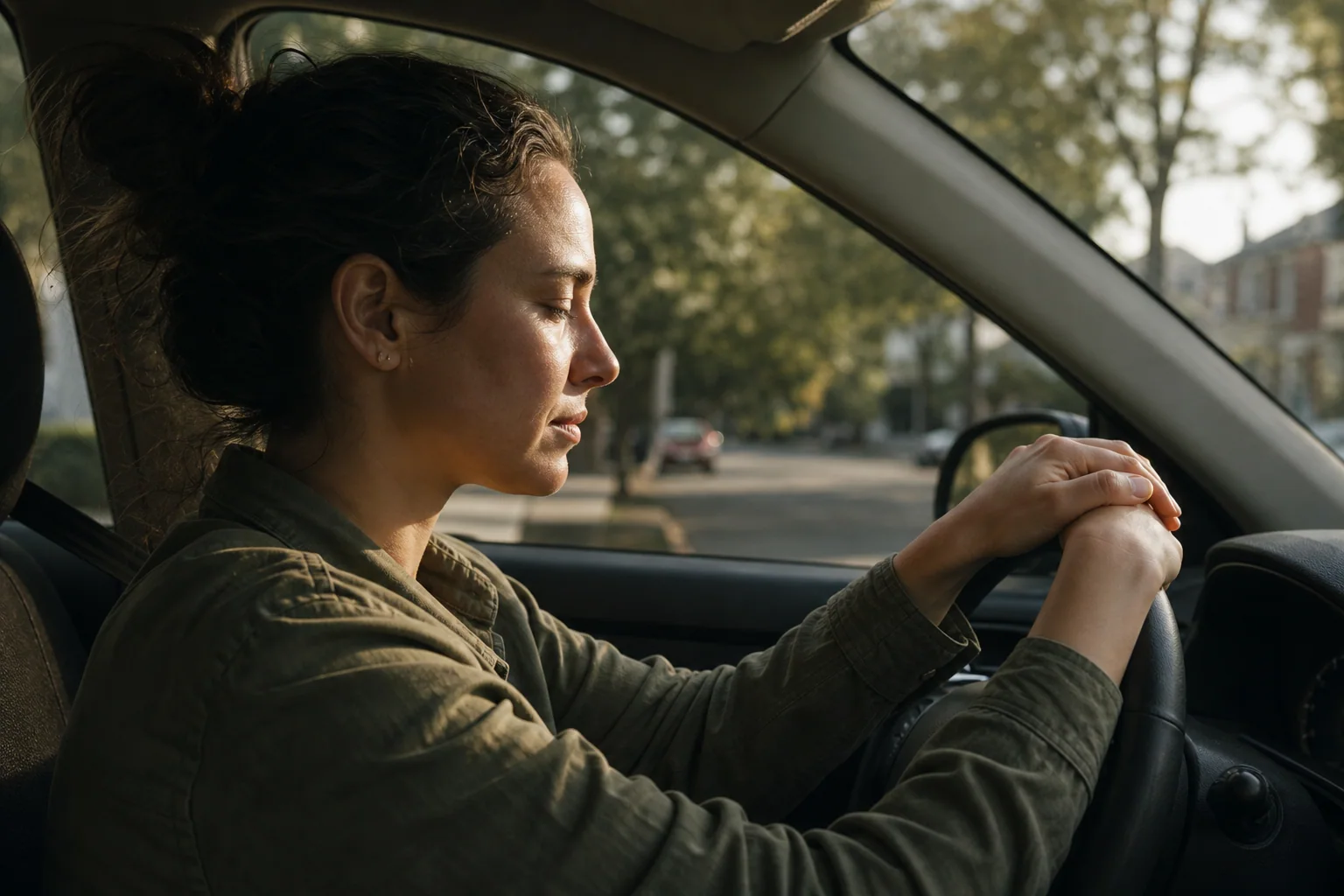 A person sits alone in a parked car, taking a steadying breath.