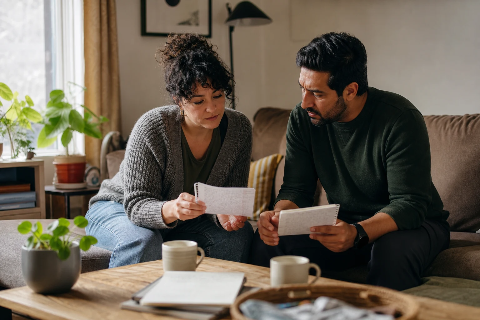 Two people compare written notes after remembering the same relationship event differently.