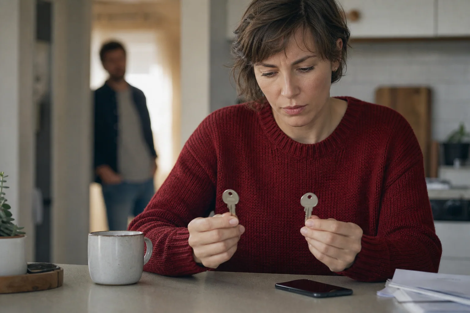 A person compares two house keys at a kitchen table while their partner stands blurred in a doorway.