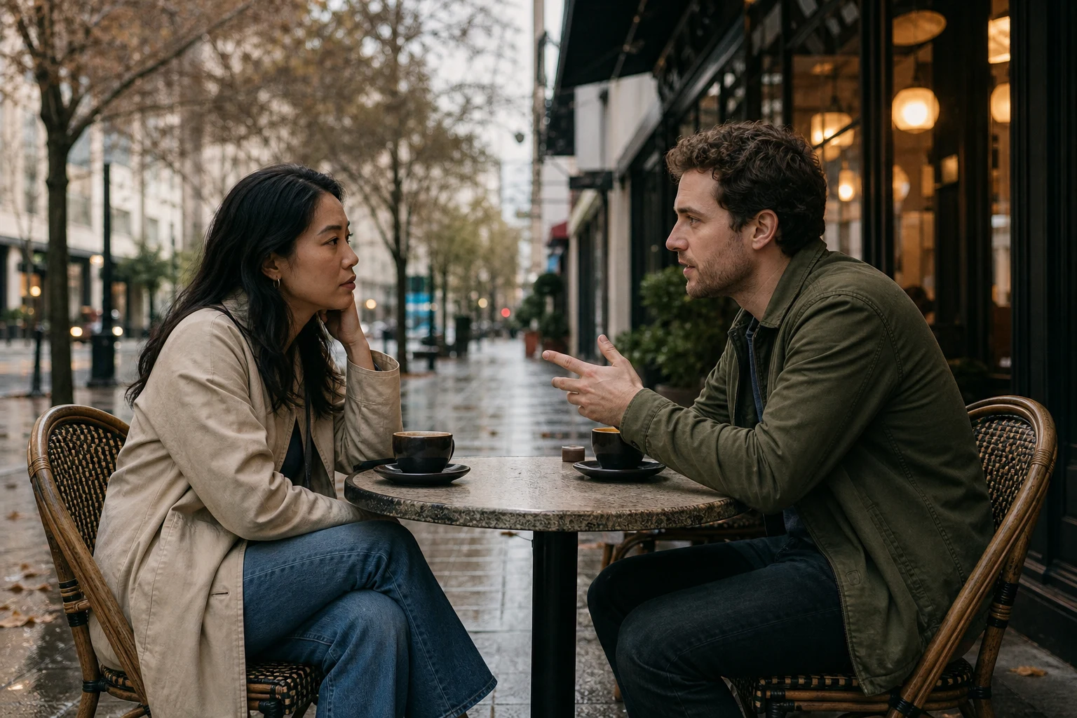 Two people sit with coffee while having a direct conversation about what their dating relationship is.