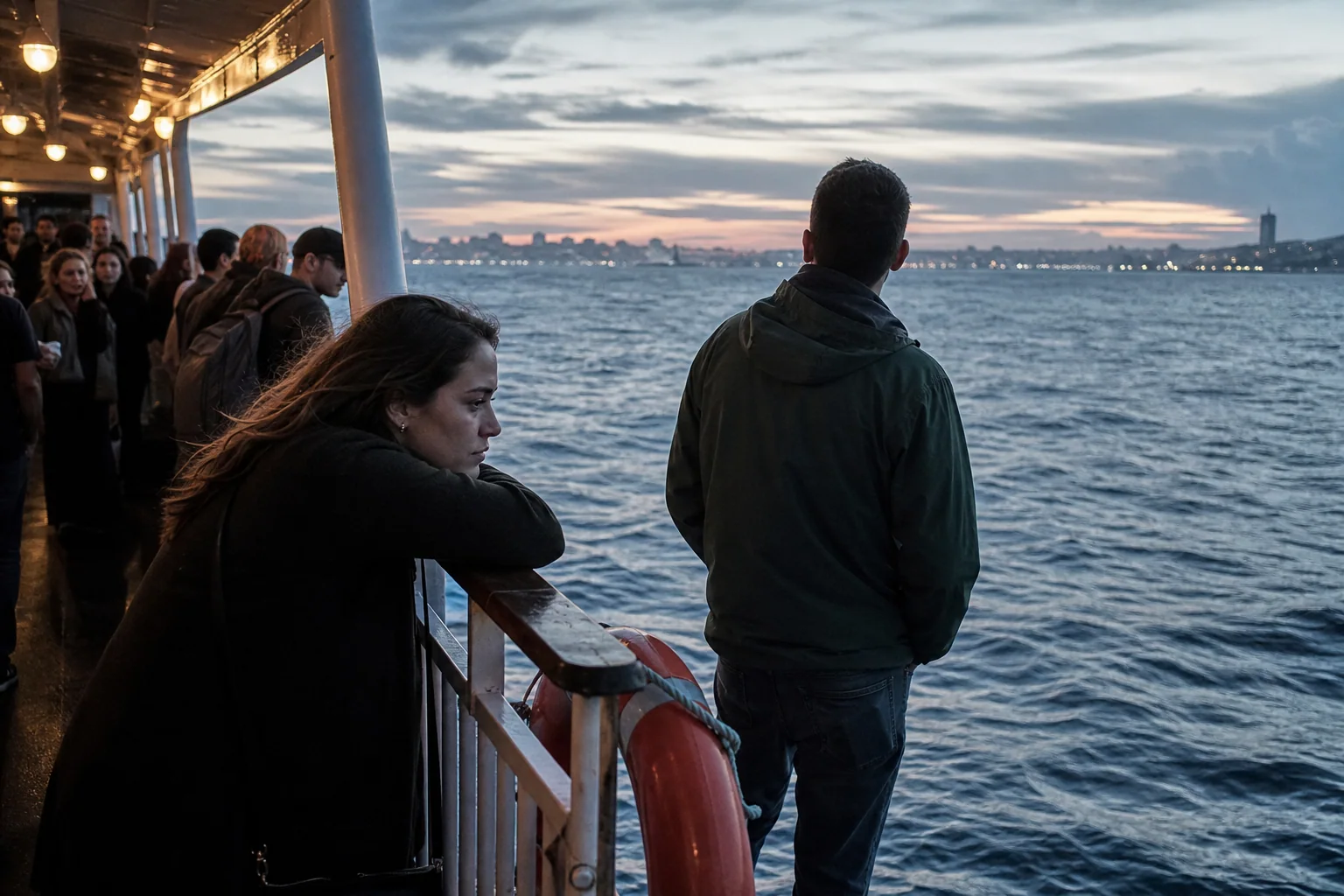 A couple stands several feet apart on a ferry deck at dusk.