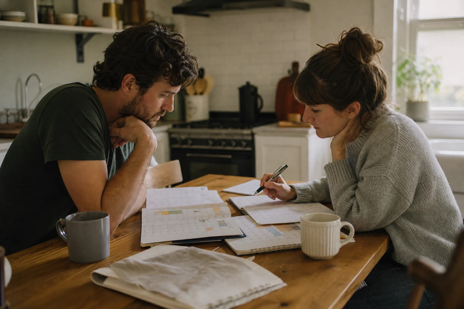 A couple compares calendars and future plans at a table while discussing long-term compatibility.