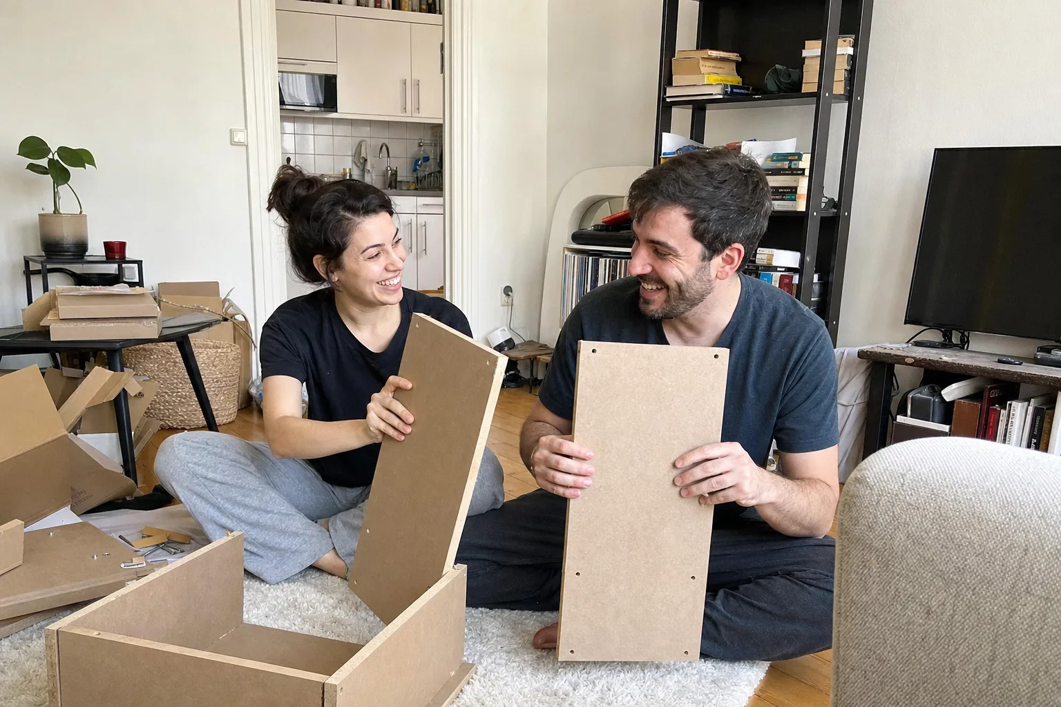 A couple laughs while assembling a bookshelf together in their apartment.