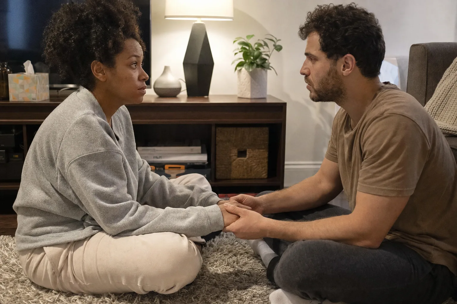 A couple holds hands on their living-room floor after a difficult conversation about cheating.