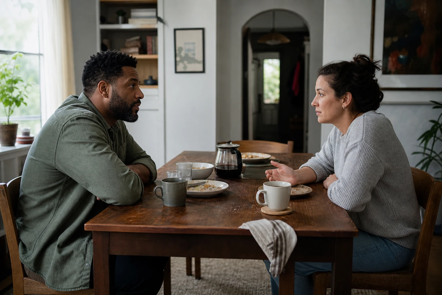 A couple pauses for an honest conversation about co-parenting after separation.