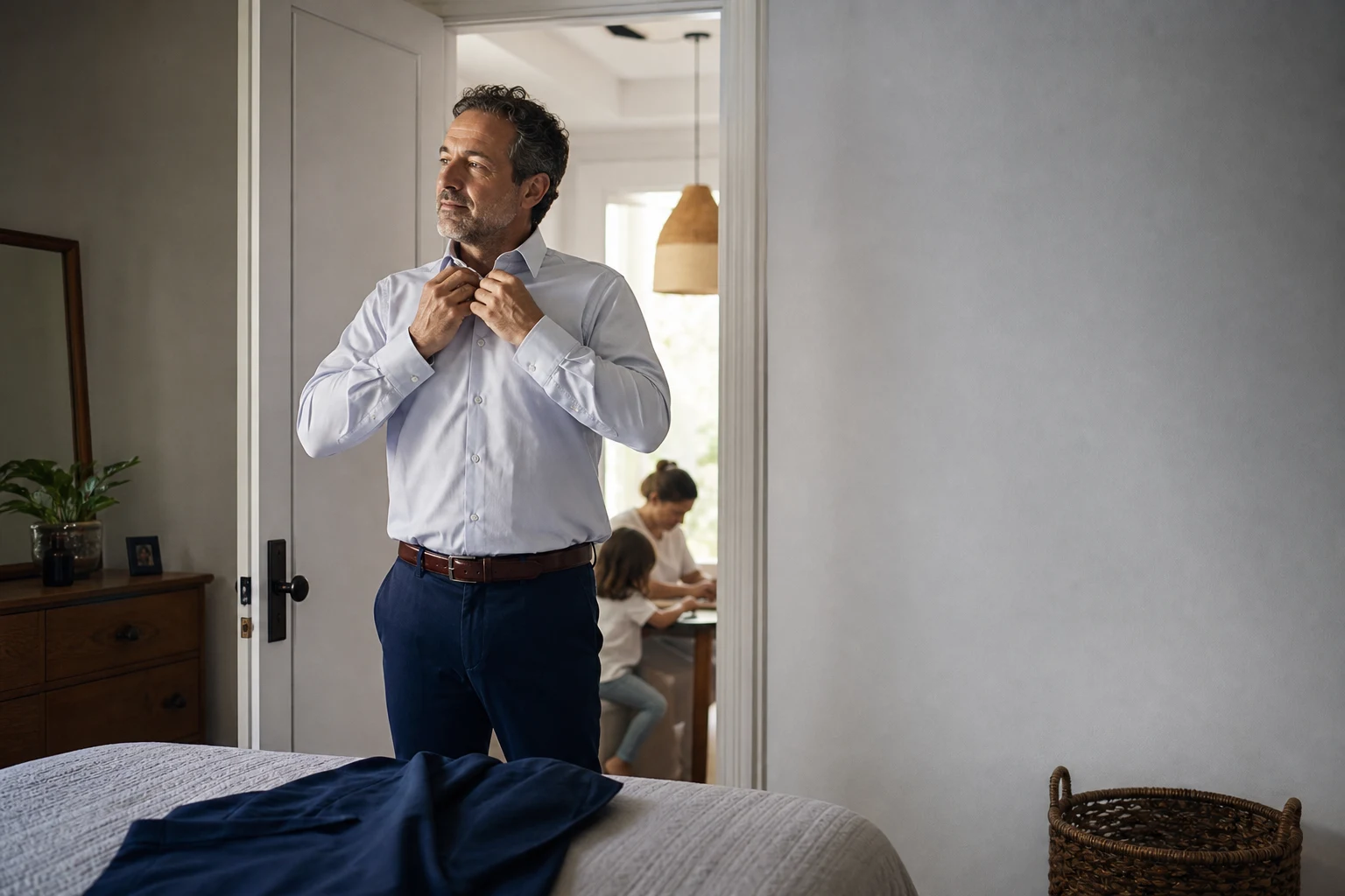 A divorced adult gets ready for a first date while keeping family and personal routines grounded.