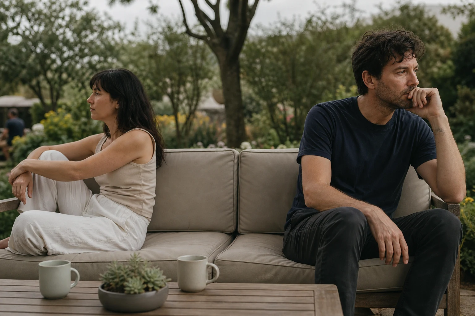 A couple sits quietly on opposite ends of a sofa while considering whether disconnection has replaced love.