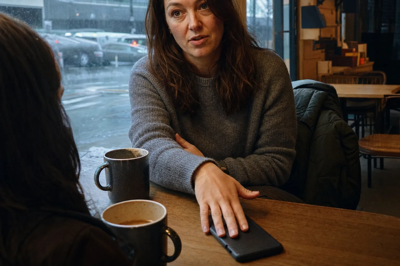 A woman puts her phone face-down while talking with a friend about not contacting her ex.