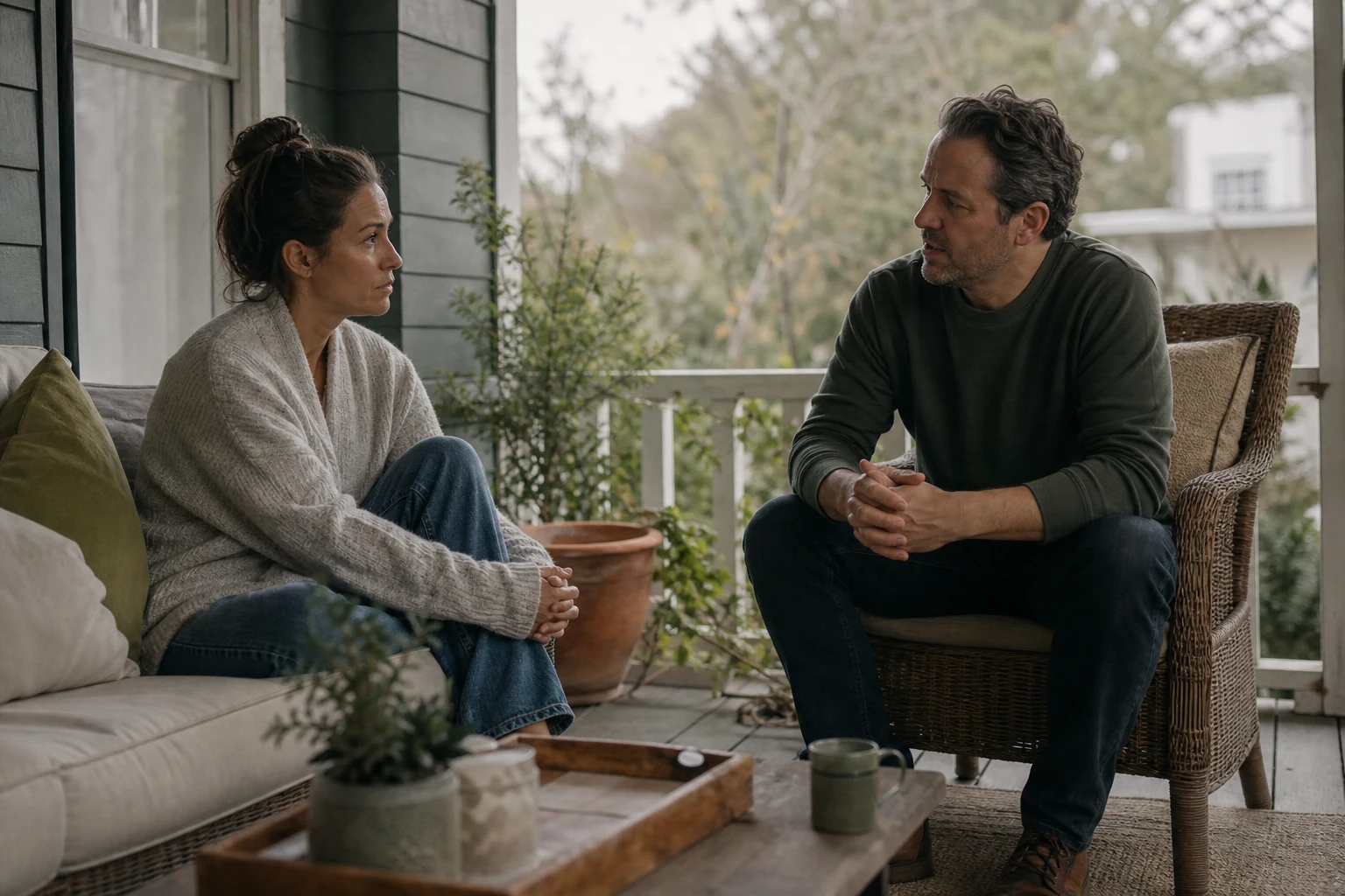 A couple pauses for an honest conversation about emotional affair concerns.