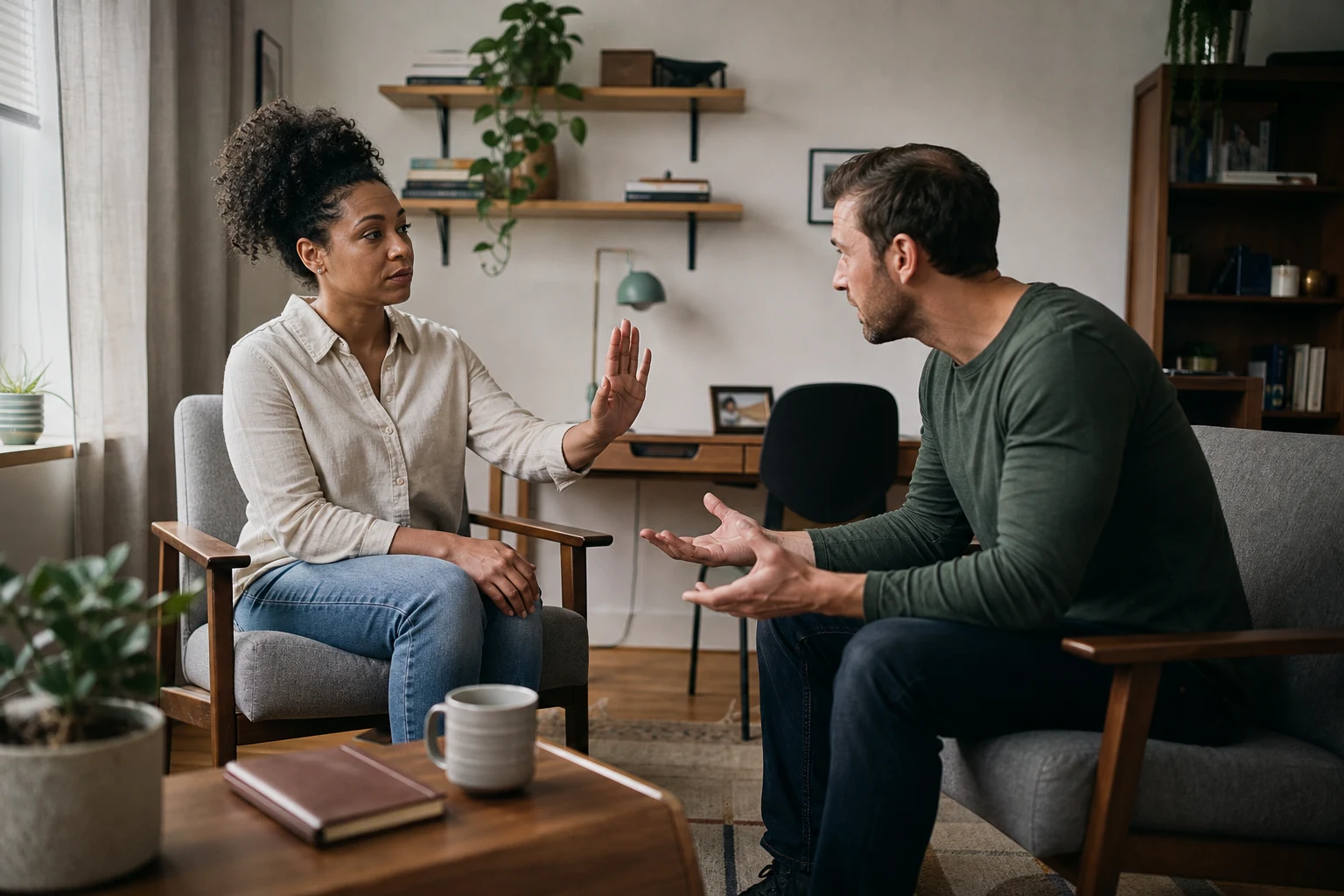 Two partners sit across from each other while one calmly holds a boundary during an emotionally charged request.