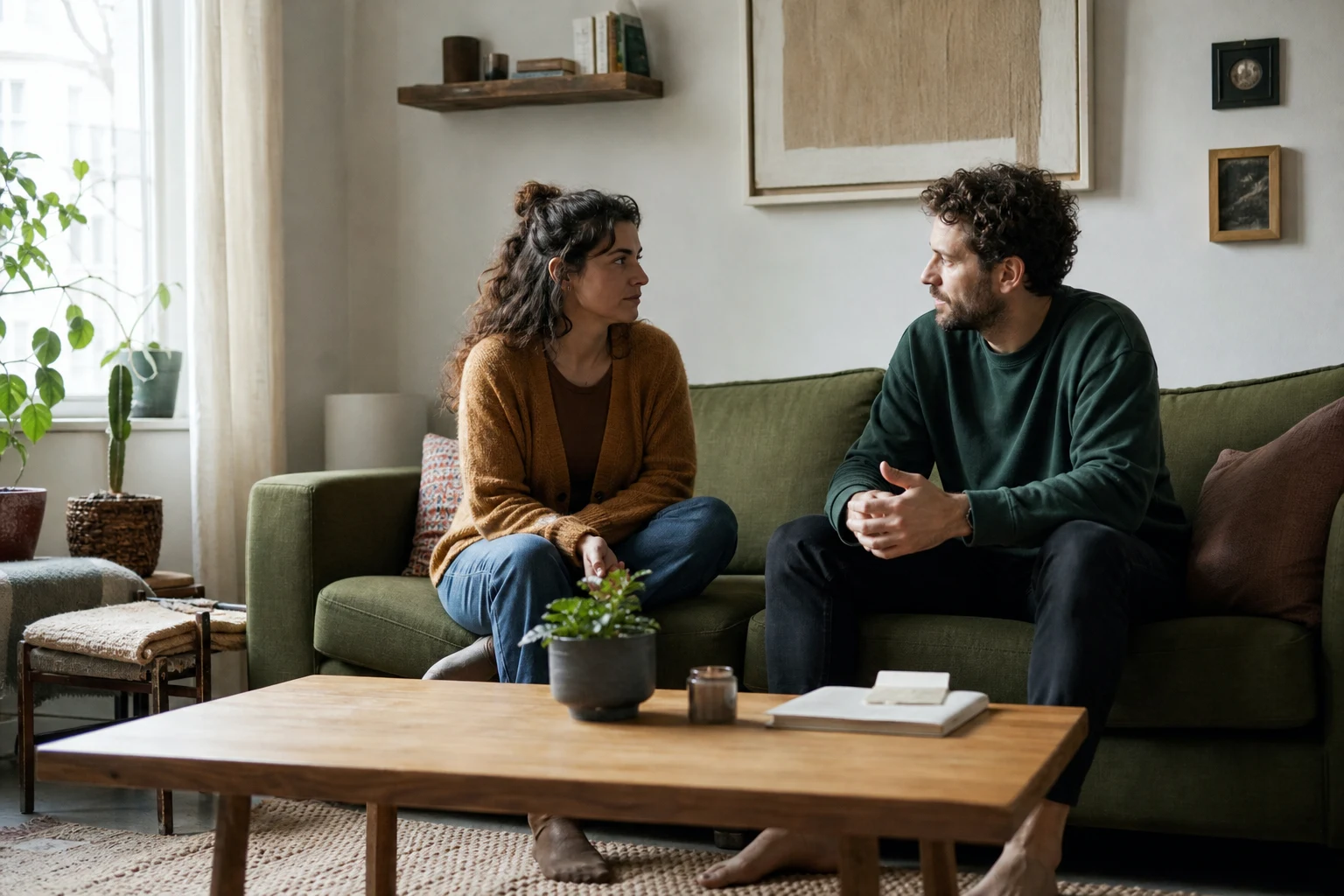 A couple pauses for an honest conversation about couples money boundaries.