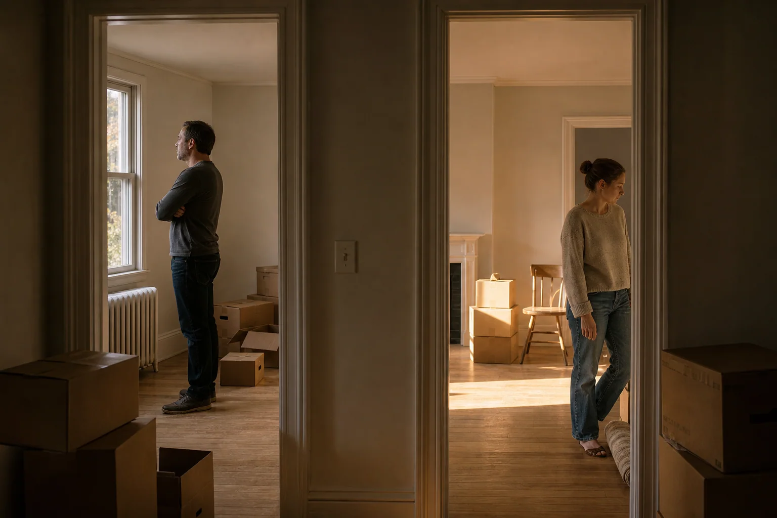 A married couple stands in separate rooms of a nearly empty house among moving boxes.