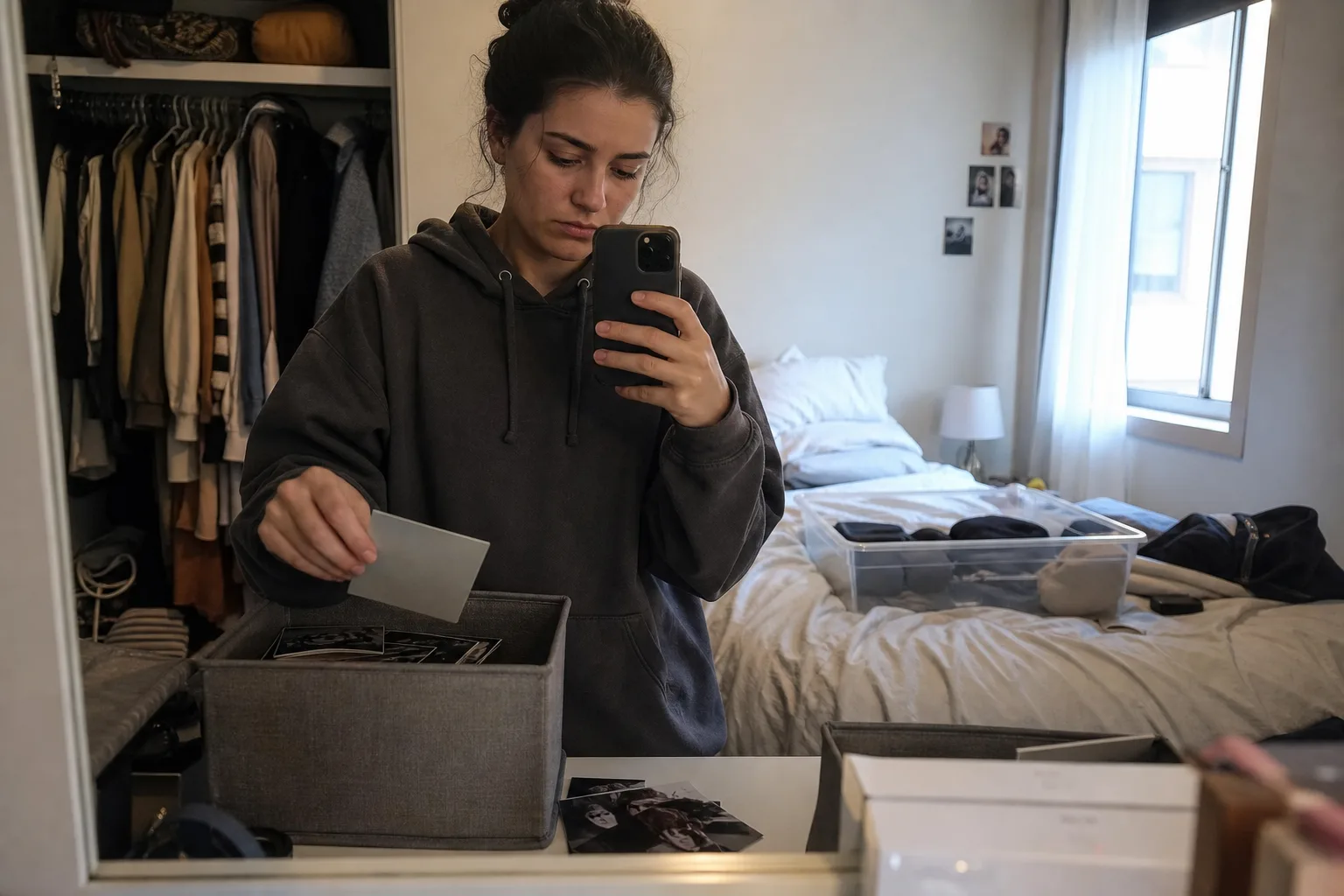 A person sorts old relationship photos into a box while recovering from a breakup.