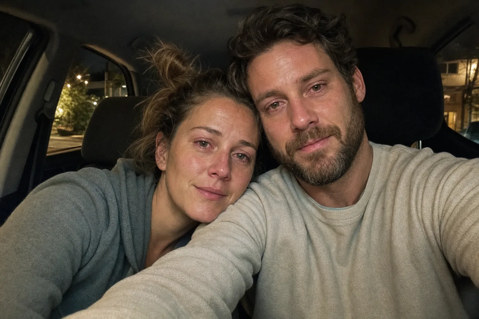 A couple takes an honest selfie together in a parked car after an emotional conversation.