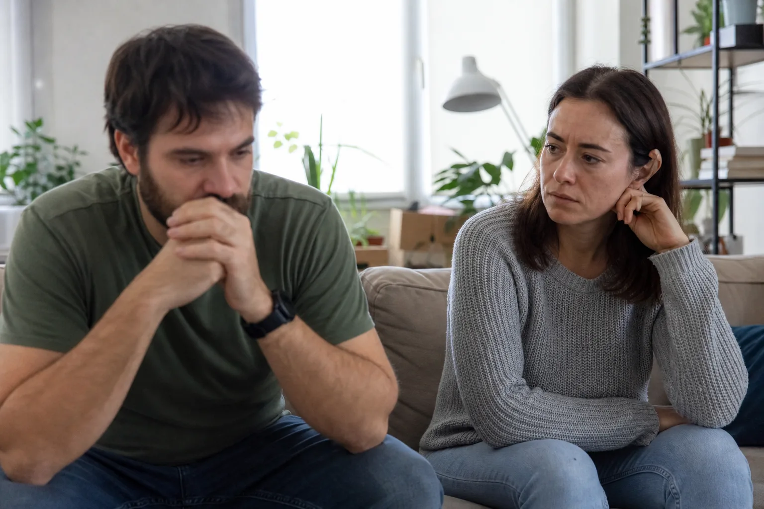 A couple sits together after a difficult conversation about whether to break up.