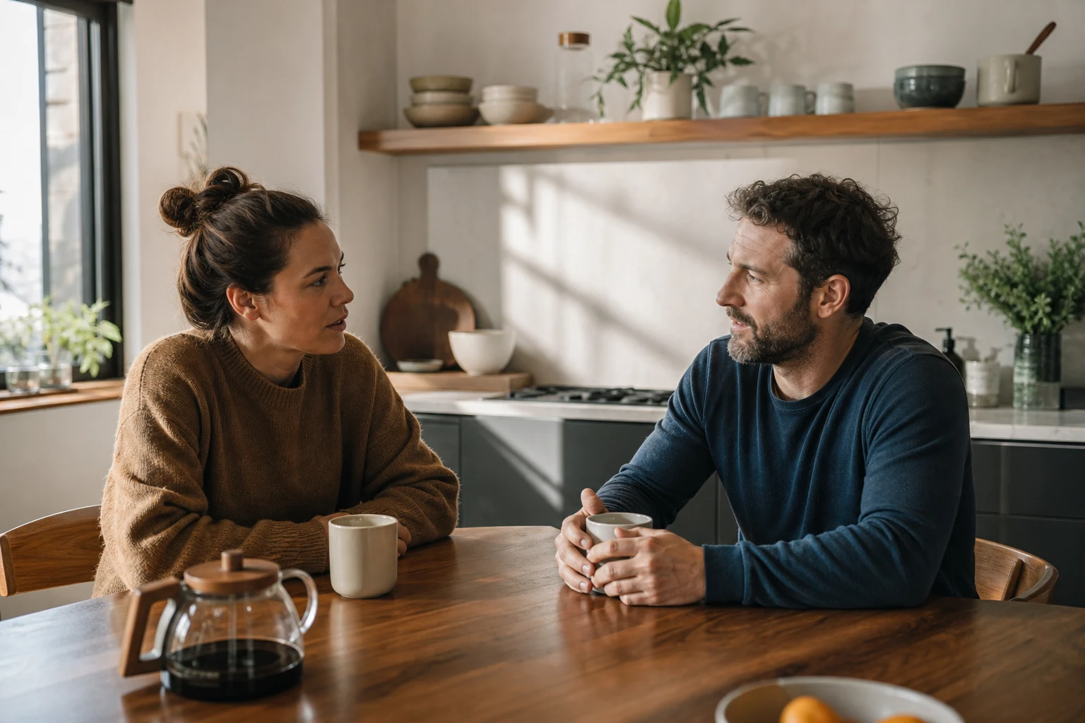 A couple pauses for an honest conversation about relationship boundaries.