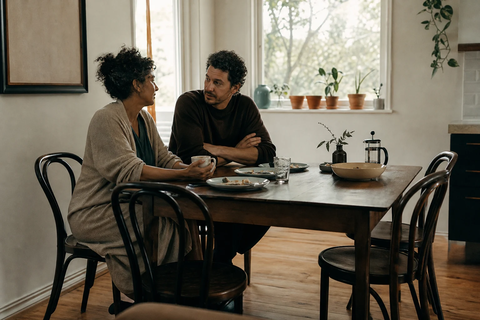 A couple pauses for an honest conversation about discernment after infidelity.