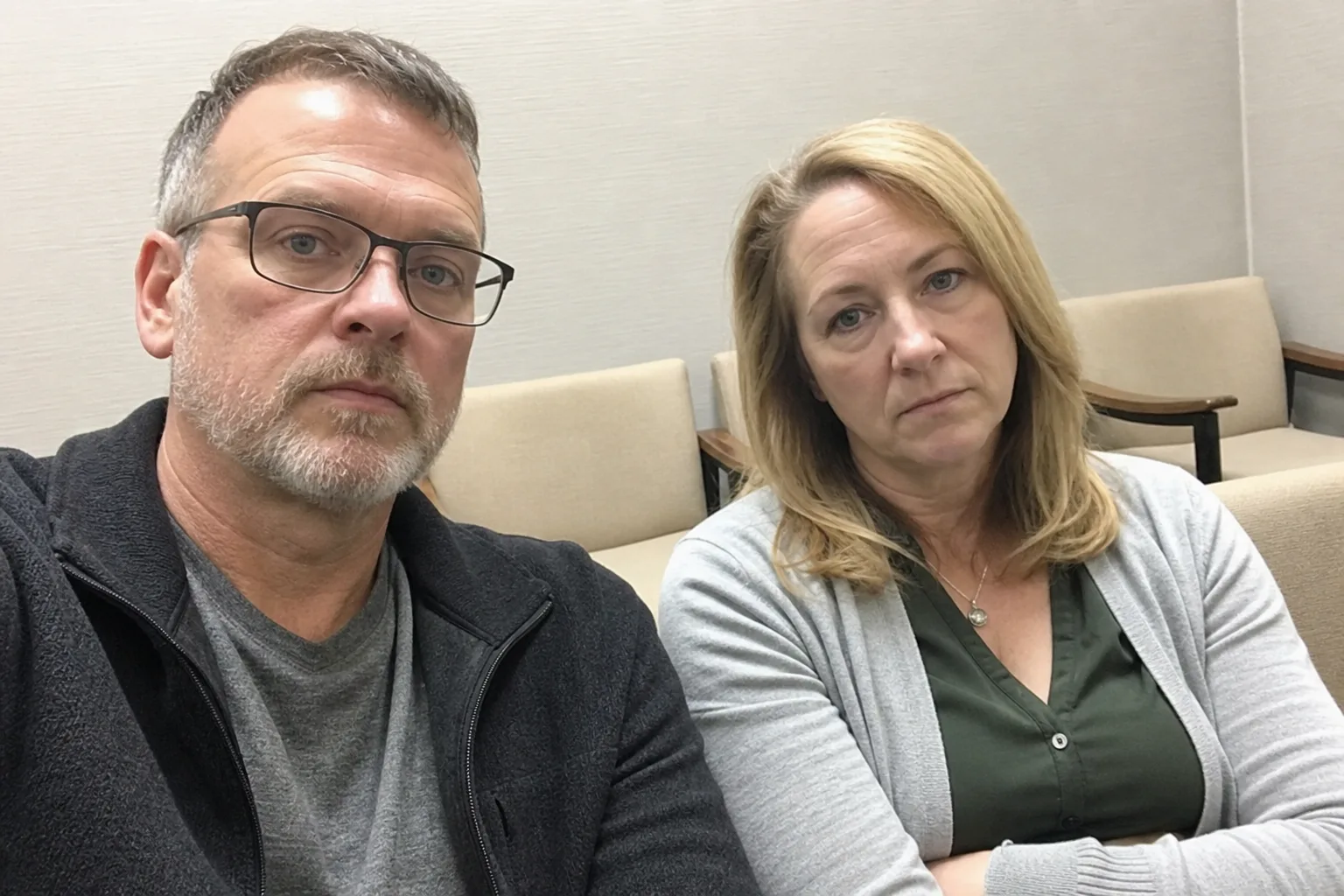 A married couple takes a selfie before a counseling appointment about rebuilding trust.