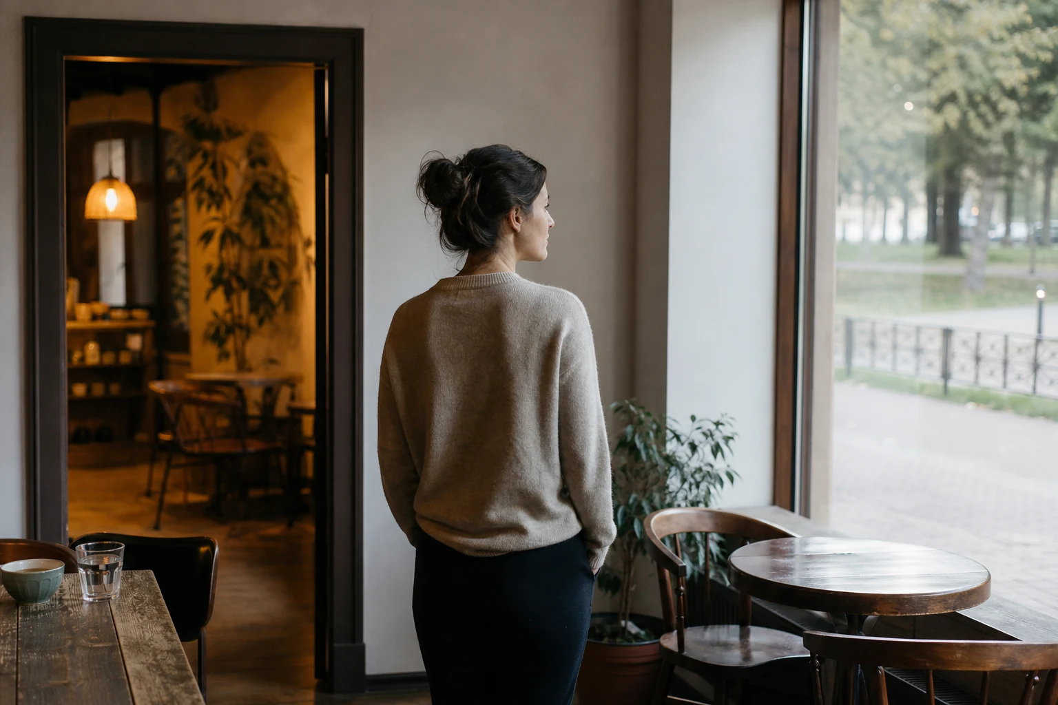 A person stands between a warmly lit doorway and an open path while considering a powerful relationship attachment.