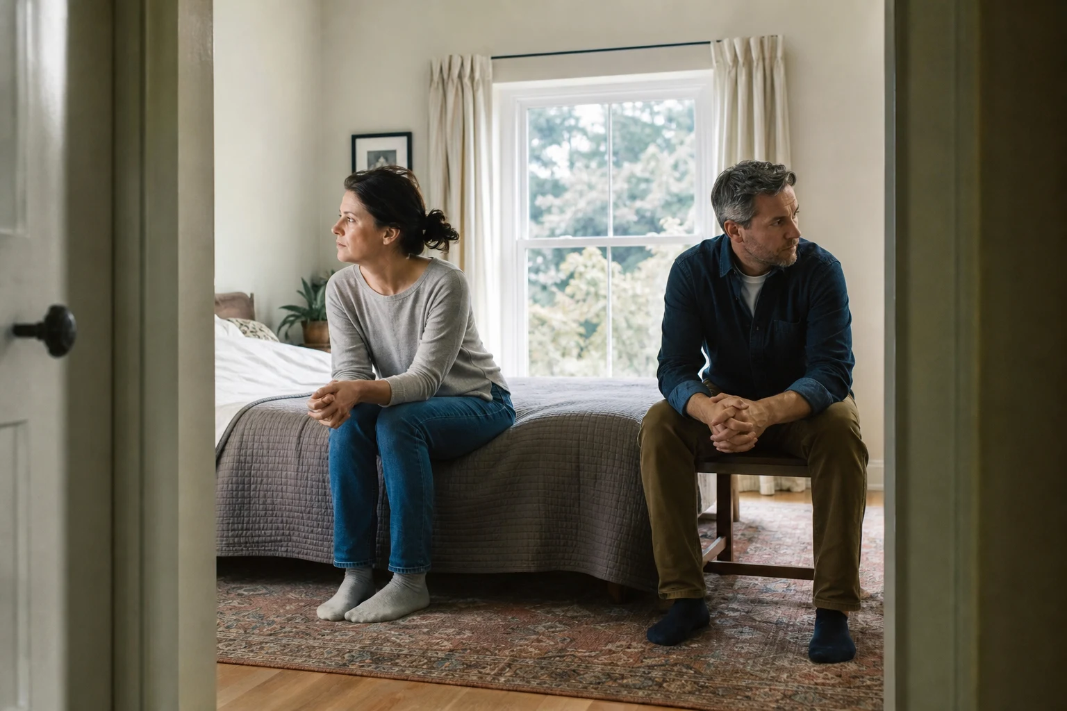 Married partners sit with space between them while reviewing what would have to change in their marriage.
