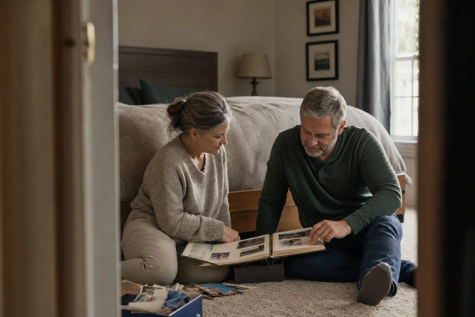 A married couple looks through an old family photo album during a serious conversation.