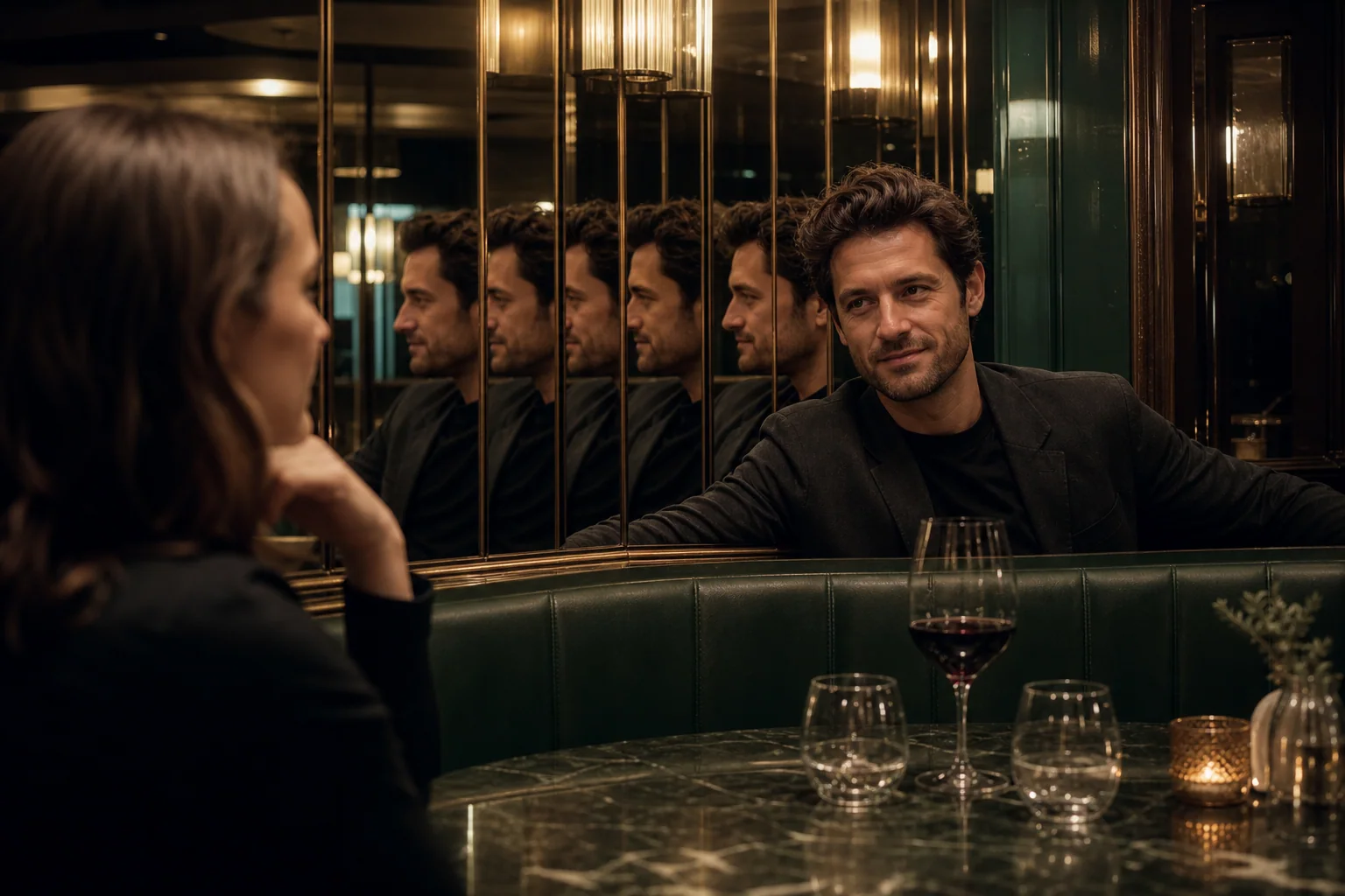 A couple sits in a mirrored restaurant booth, with one partner reflected across angled mirrors.