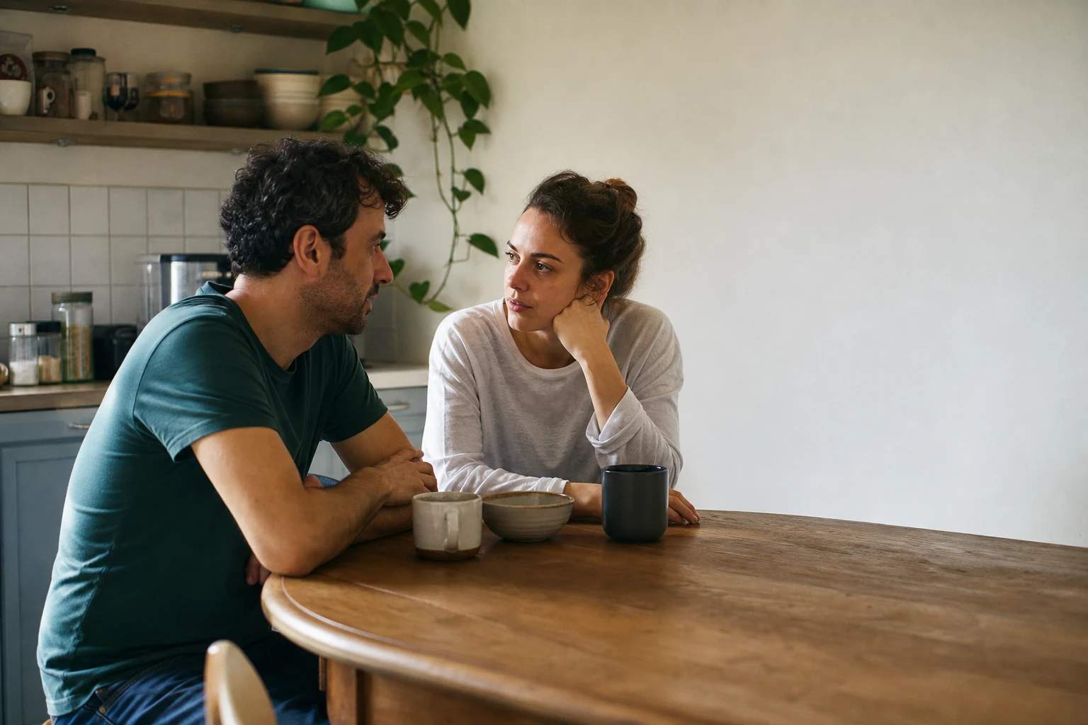 Two partners sit at a kitchen table listening carefully during an honest relationship conversation.