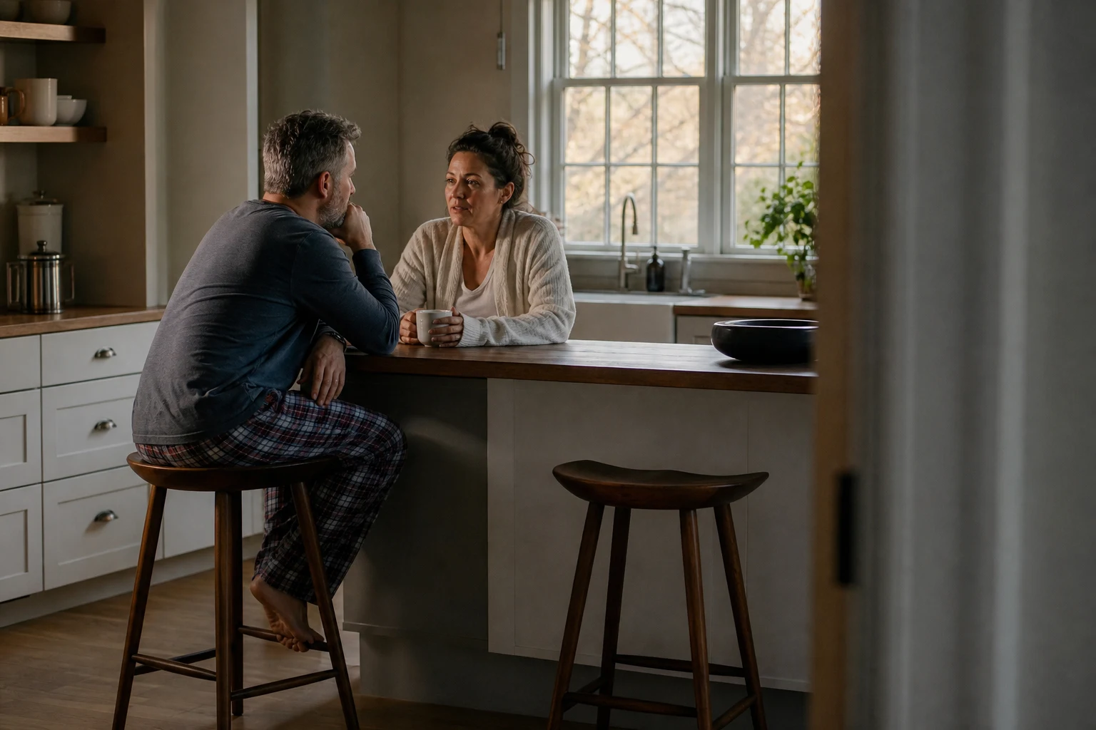 A couple pauses for an honest conversation about midlife change in marriage.