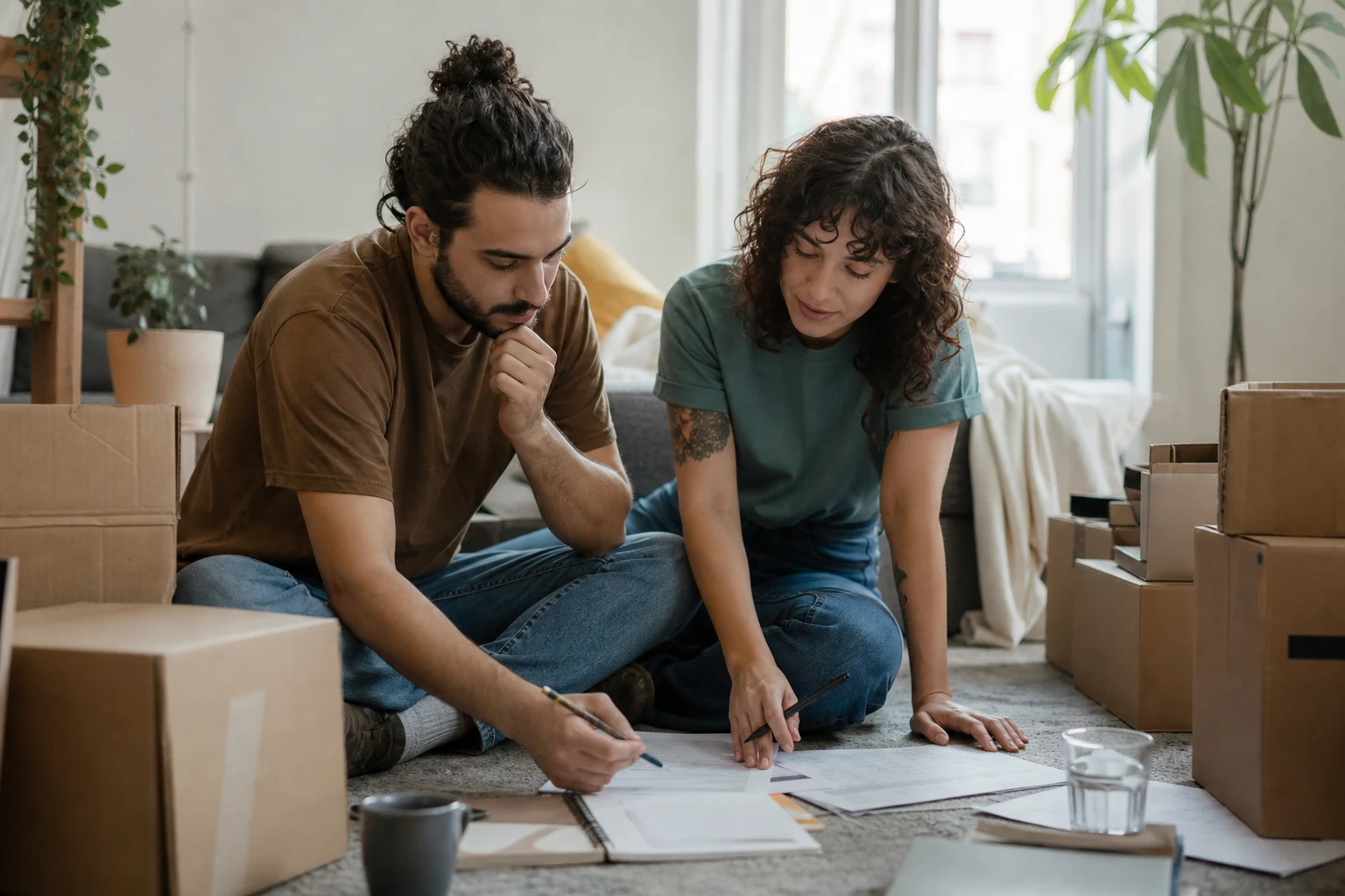 A couple labels moving boxes while reviewing a shared budget and household plan.
