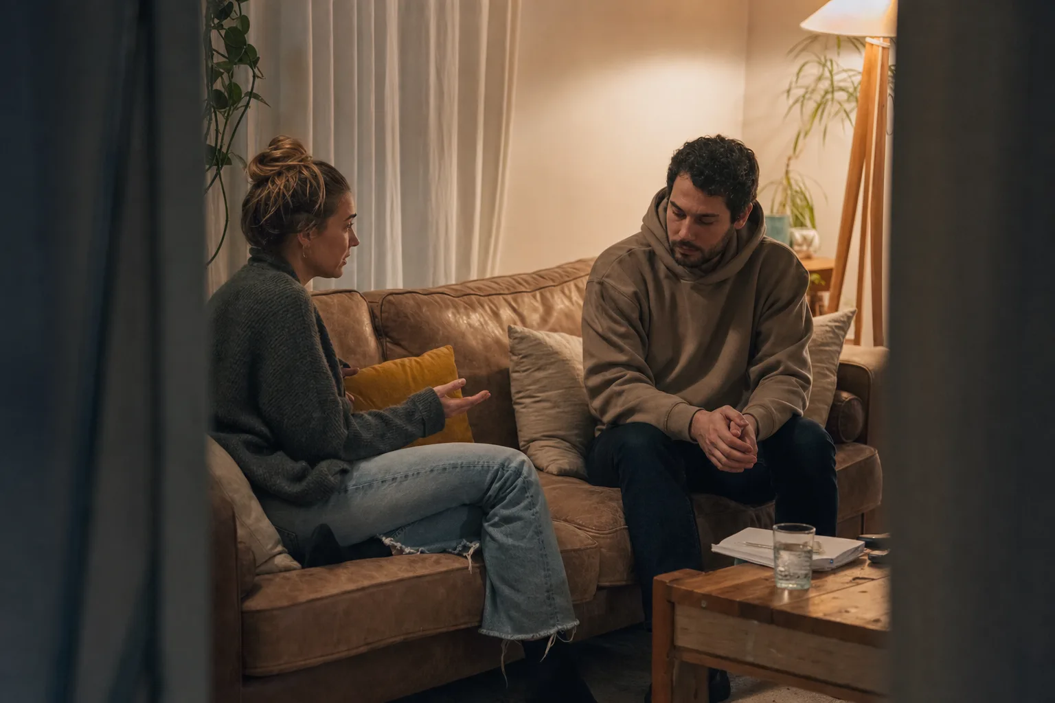 One partner looks down on the couch while the other speaks gently from a little distance.