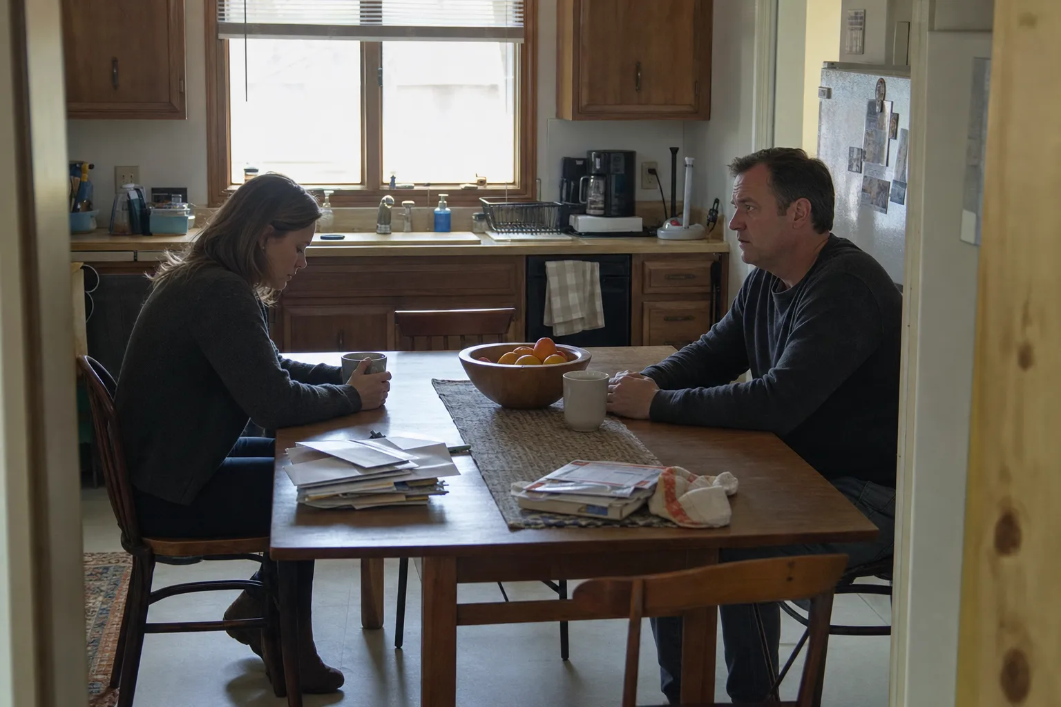 A married couple sits far apart at their kitchen table after a difficult divorce conversation.