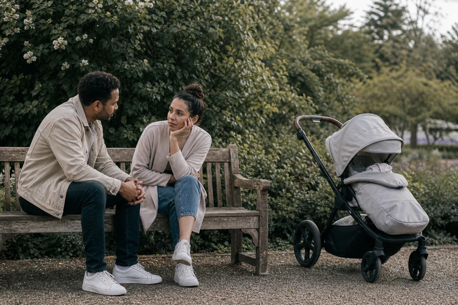 A couple pauses for an honest conversation about postpartum relationship strain.
