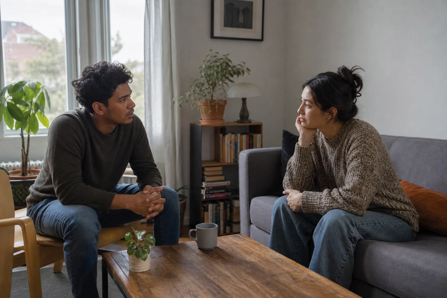 A couple pauses for an honest conversation about relationship anxiety.