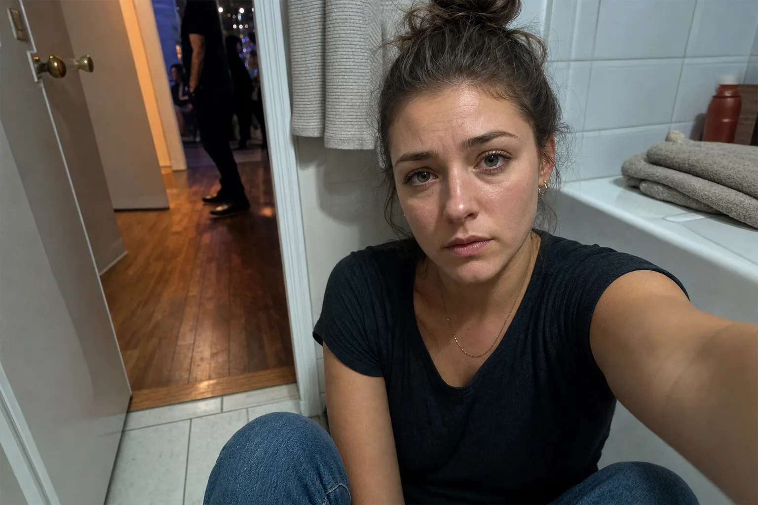 An anxious woman takes an unfiltered selfie from a bathroom floor during a party.