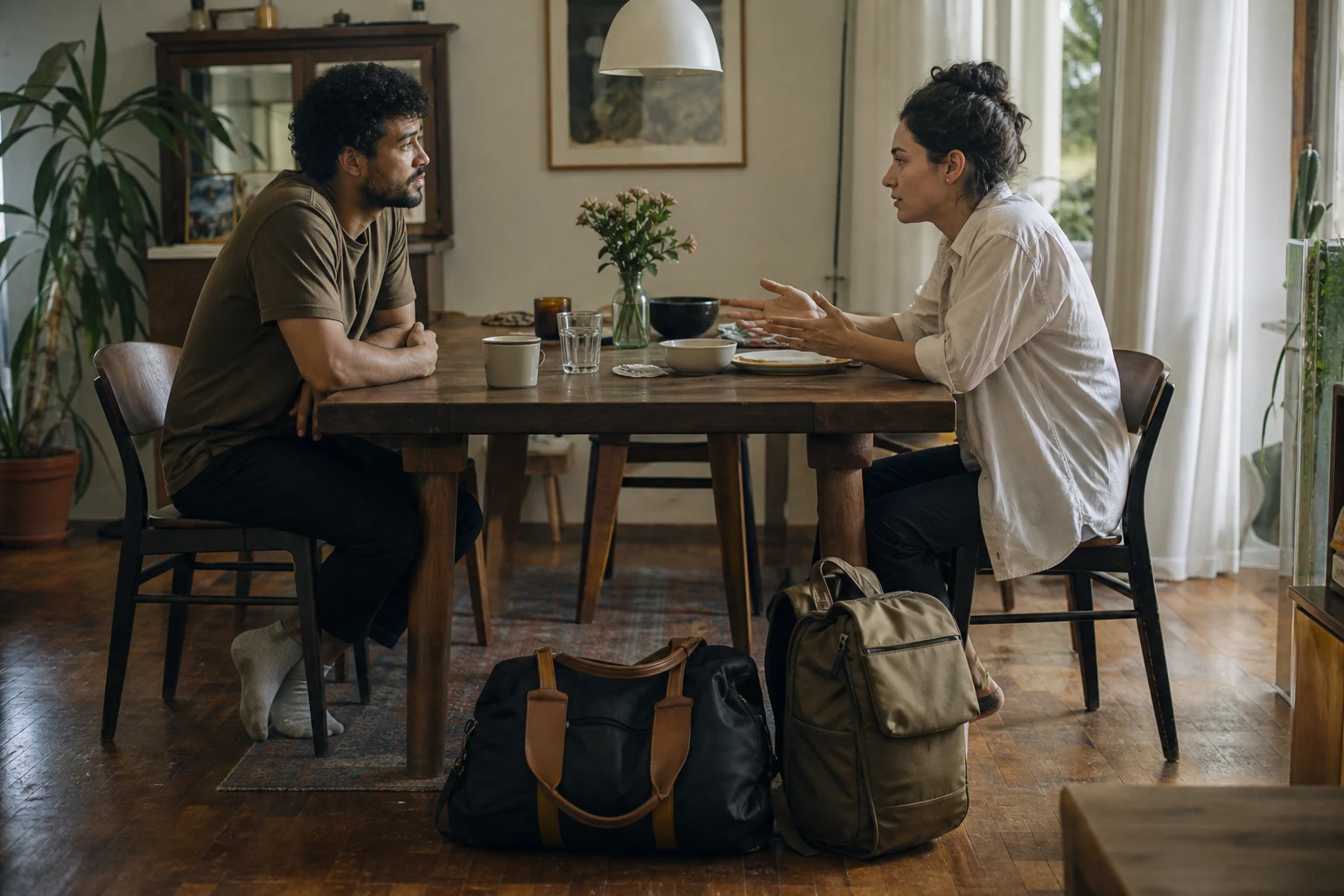 A new couple slows down beside packed weekend bags to discuss pace and boundaries.