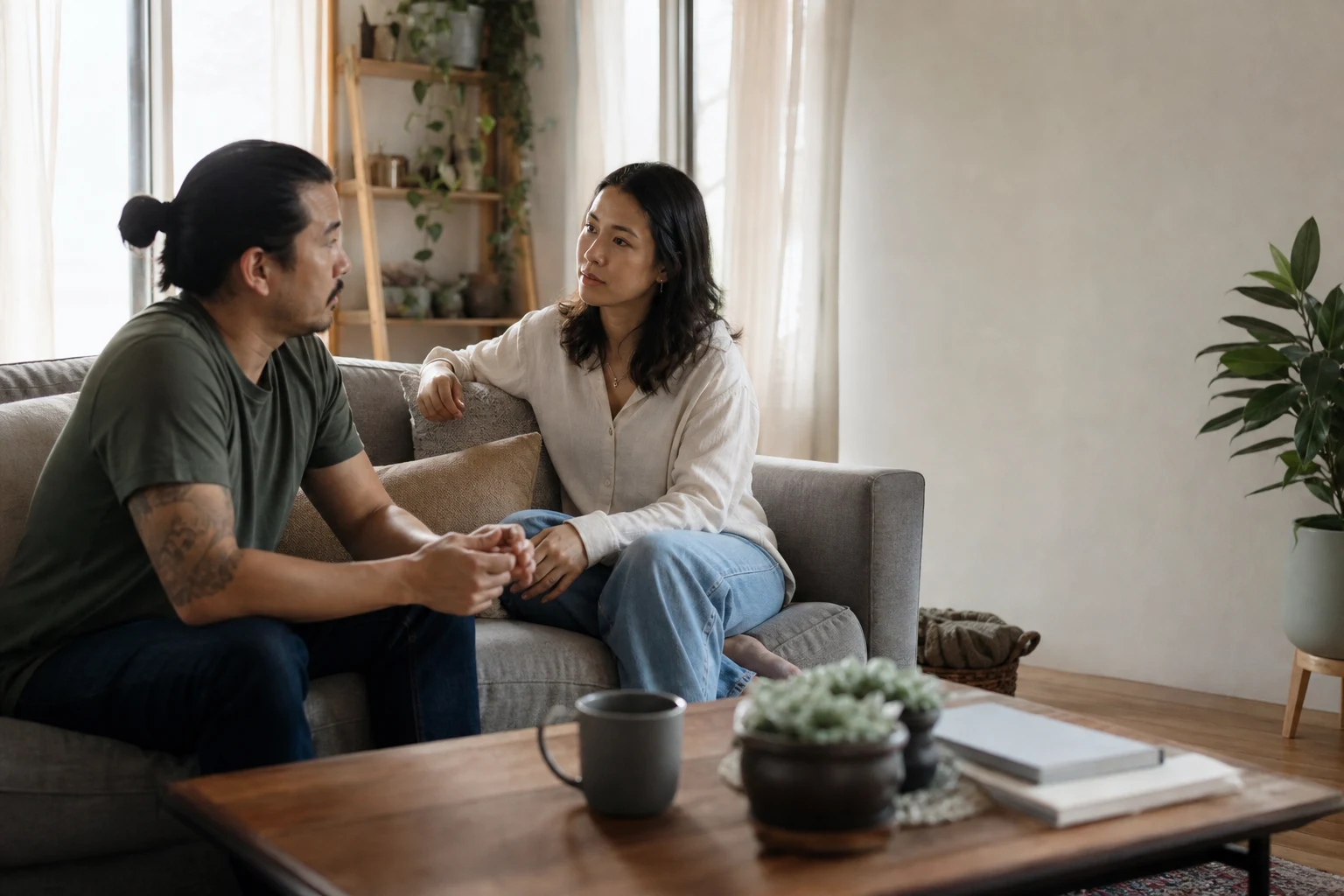 A couple pauses for an honest conversation about relationship resentment.