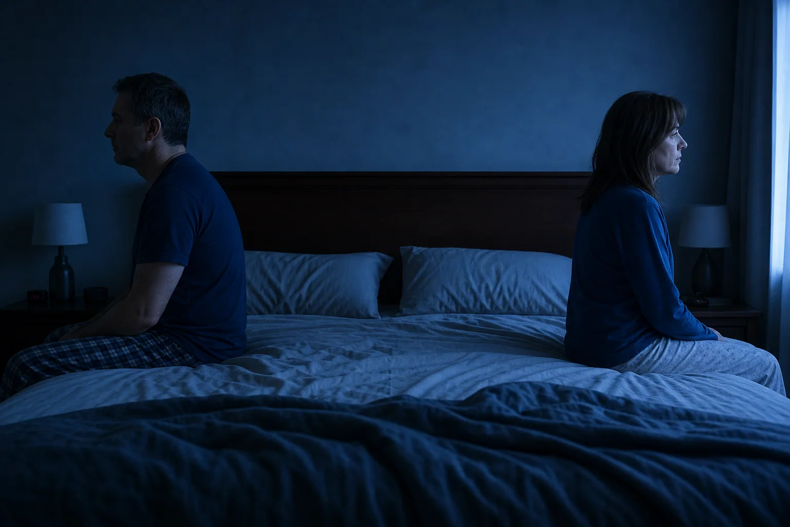 A married couple sits on opposite sides of their bed at night.