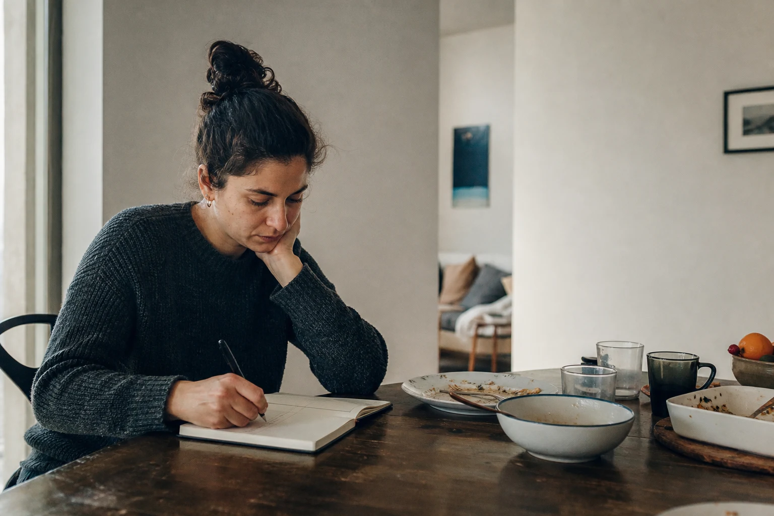 A person writes two honest columns in a notebook while considering whether to end a relationship.