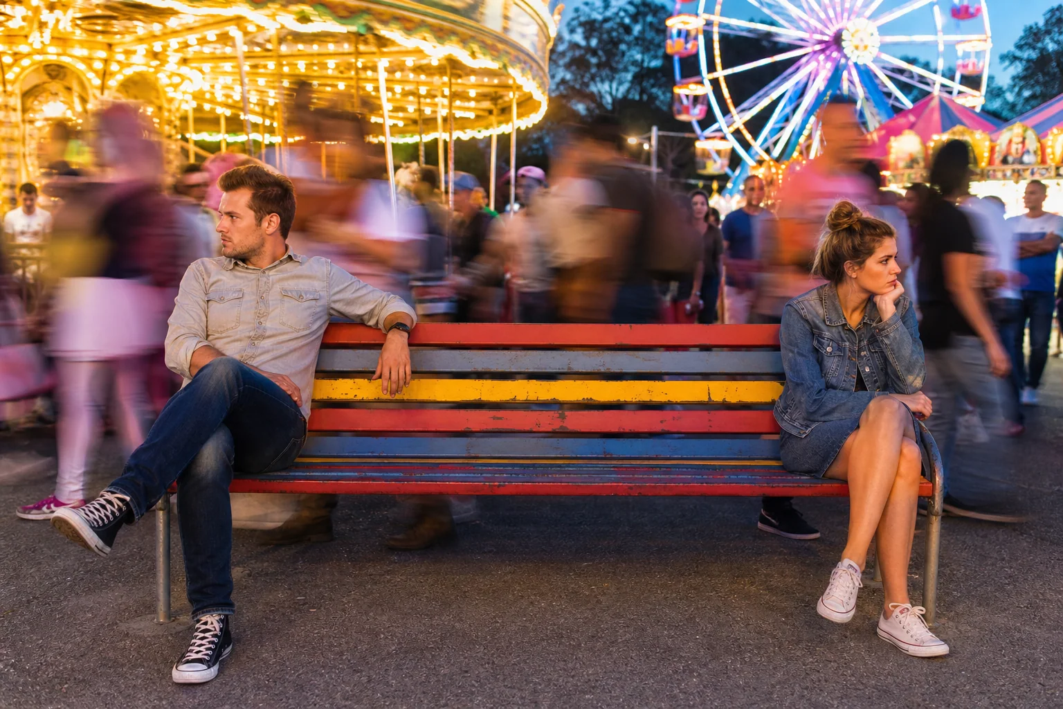 A couple sits apart on a colorful amusement-park bench as crowds pass behind them.