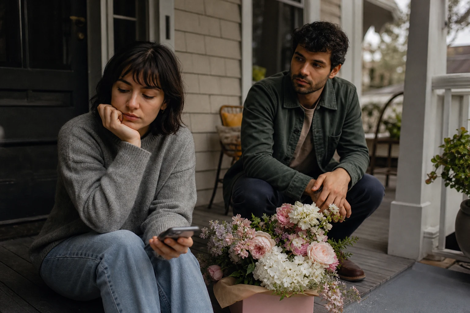 A person pauses beside an overflowing bouquet and a phone full of intense early relationship messages.