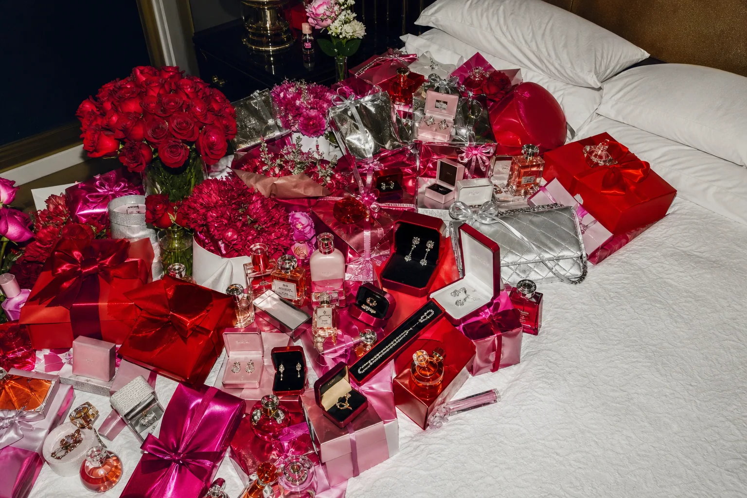 An extravagant pile of flowers, jewelry, and wrapped gifts covers a bed.
