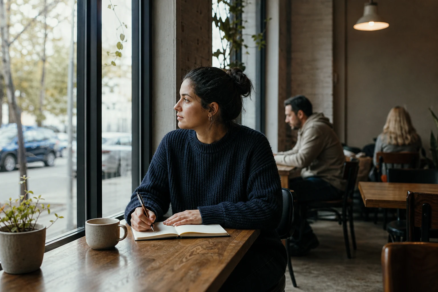 A newly single person opens curtains in a quiet room and writes a simple plan for the day.