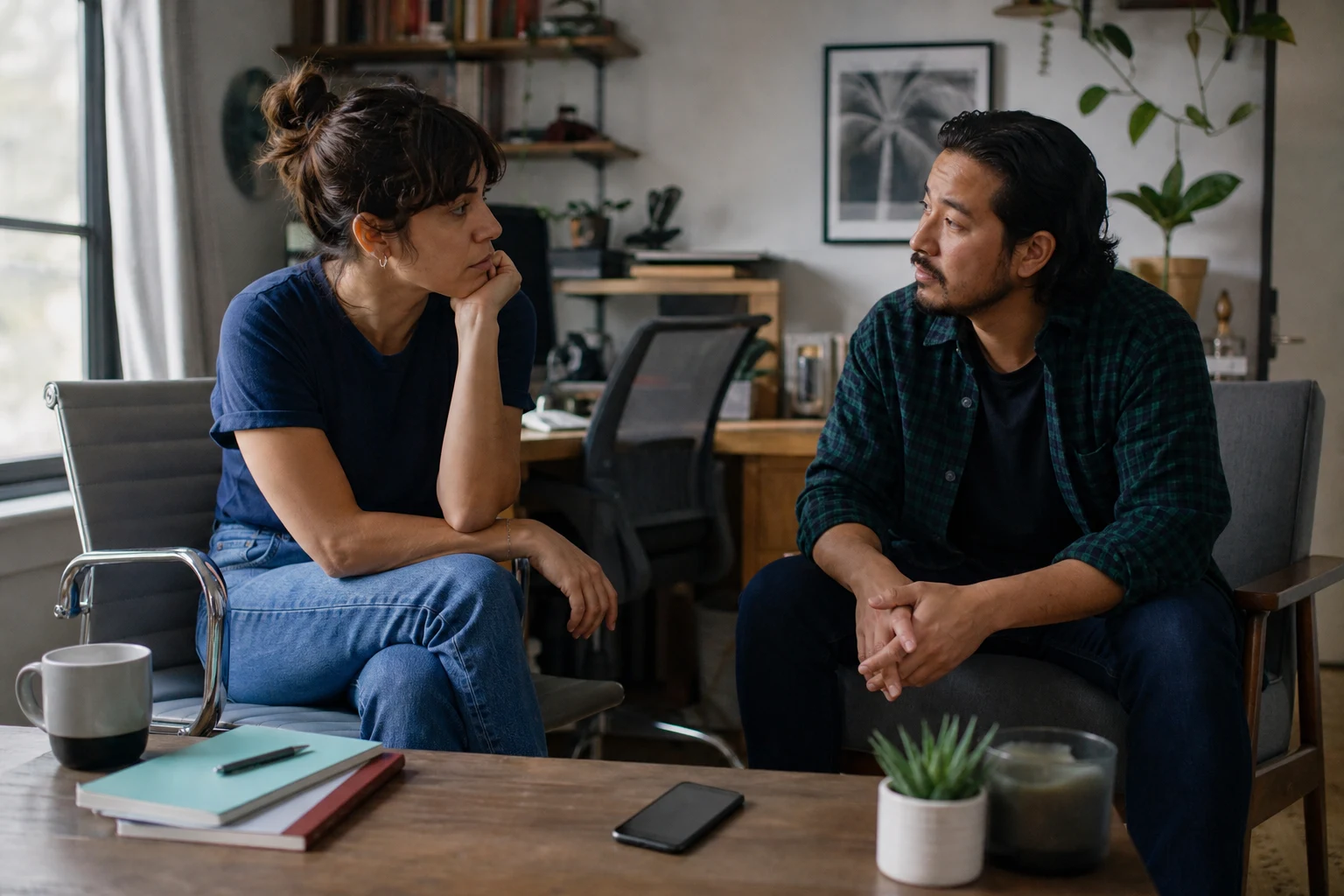 A dater sets down a silent phone and turns toward a supportive friend after being ghosted.
