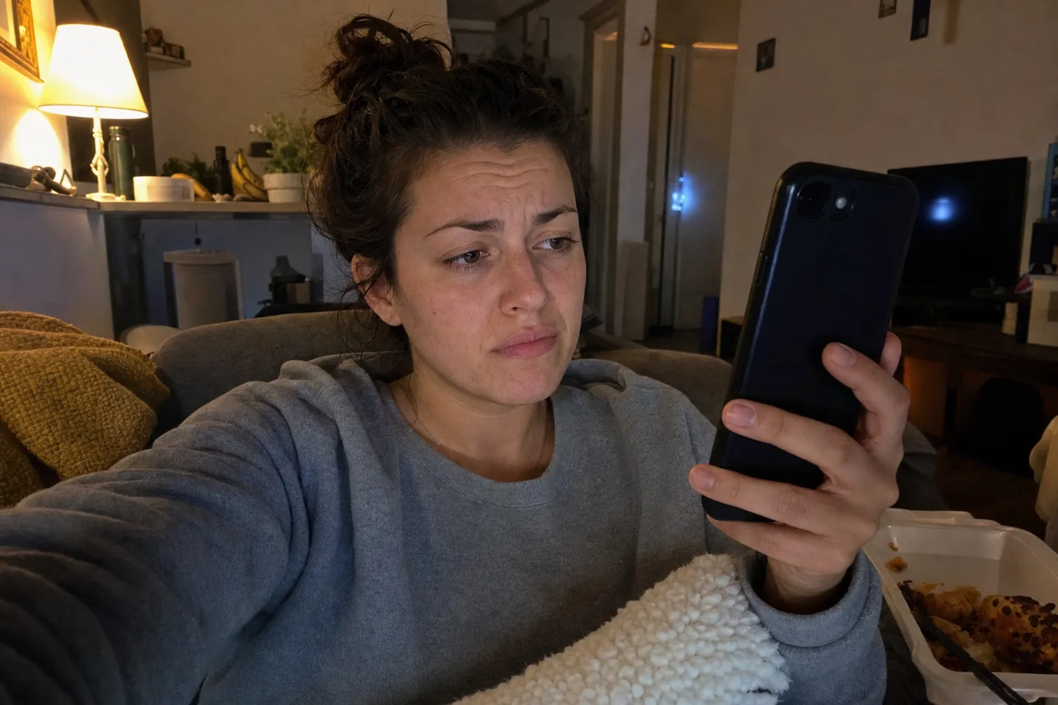 A woman checks her phone from the couch after someone has stopped responding.