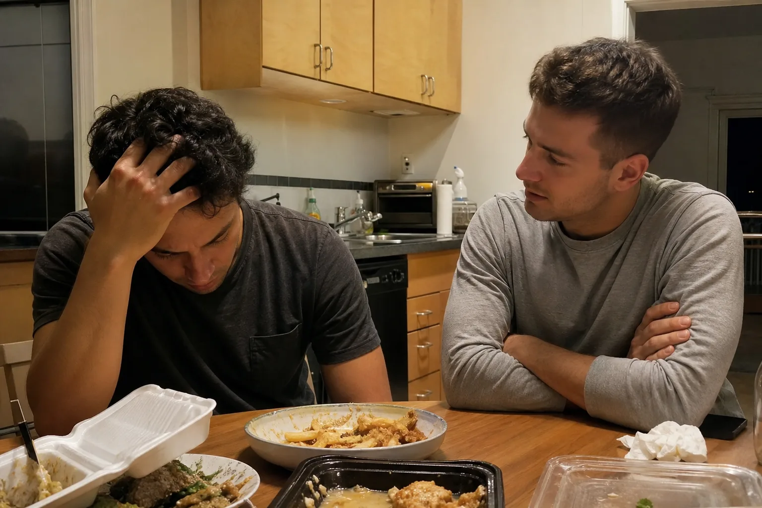 A man talks with a friend after his girlfriend ended the relationship.