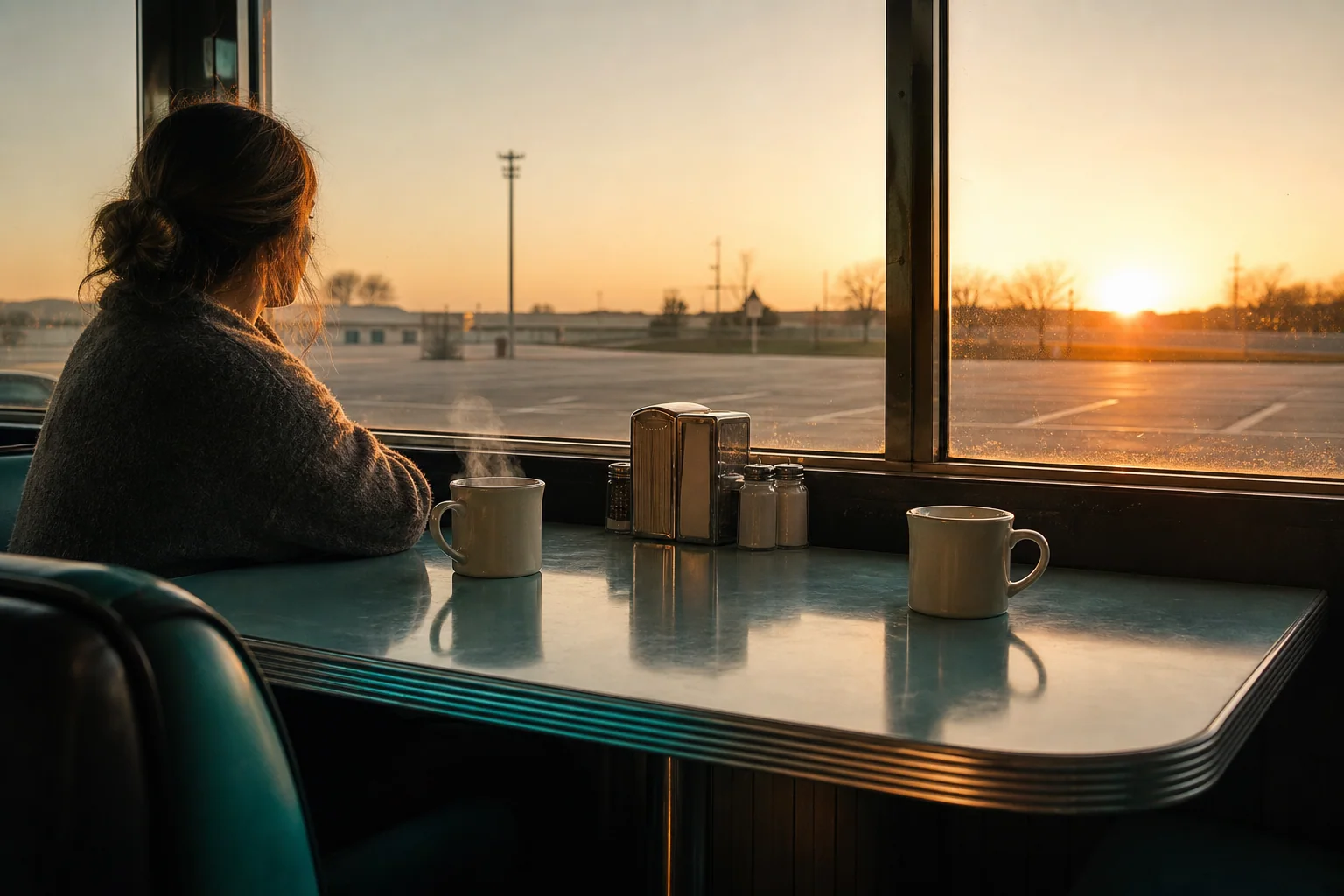 A person sits alone in a roadside diner booth with an untouched cup across from them.