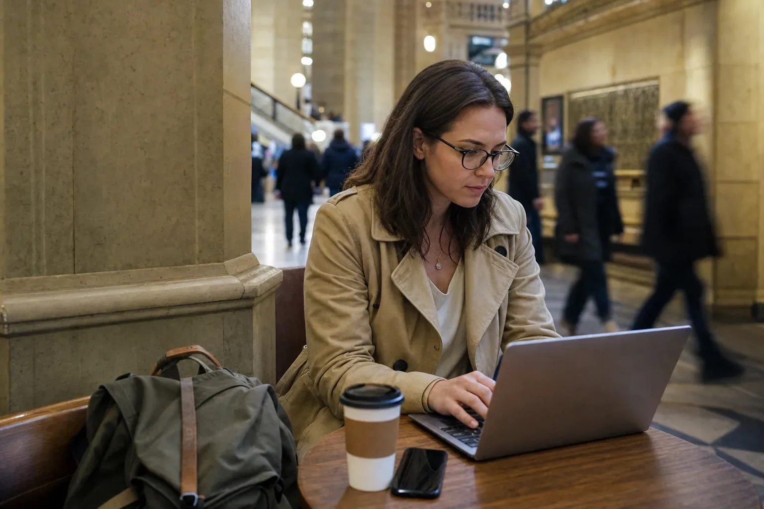 A woman uses a laptop and phone while traveling.