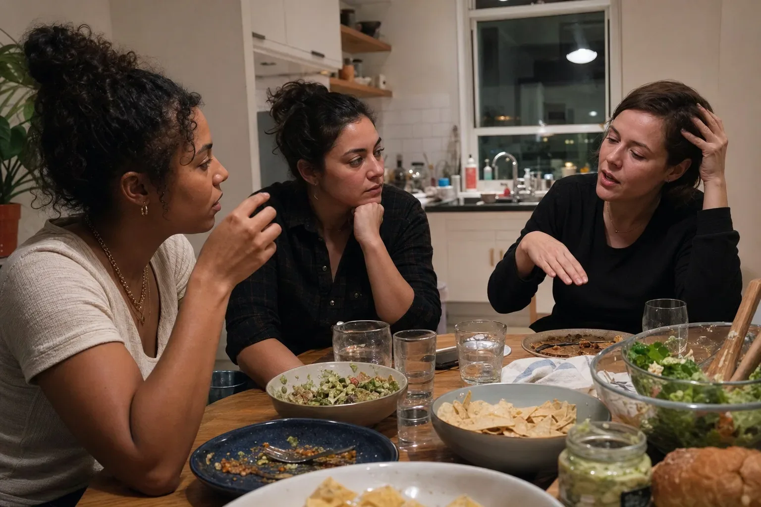 Friends compare options together around a kitchen table.
